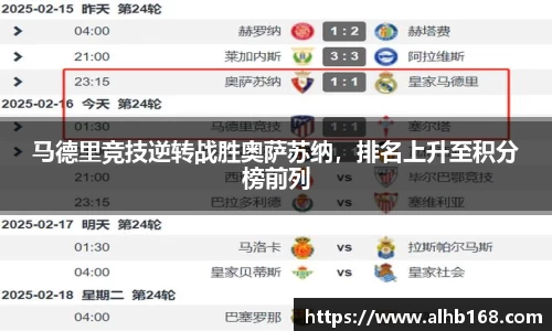 马德里竞技逆转战胜奥萨苏纳，排名上升至积分榜前列